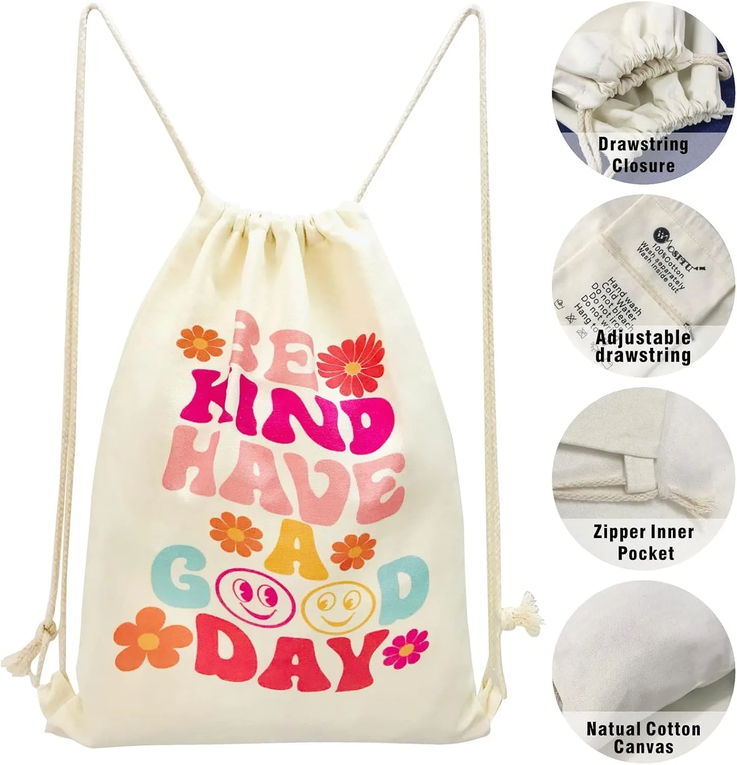Aesthetic Drawstring Backpack for Women - Cotton Canvas Beach Shopping Gym Sport Travel Sackpack