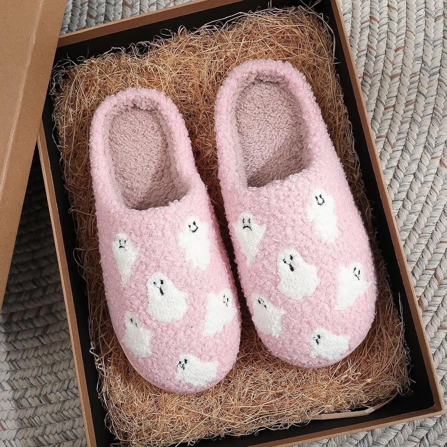 Afellicy Halloween Christmas Slippers Checkered Scuff for Women and Men Holiday Indoor Bedroom Fluffy Warm Fleece Slippers Winter Soft Cozy Home Non-Slip Soft Plush Slip-on Wool Lined House Shoes