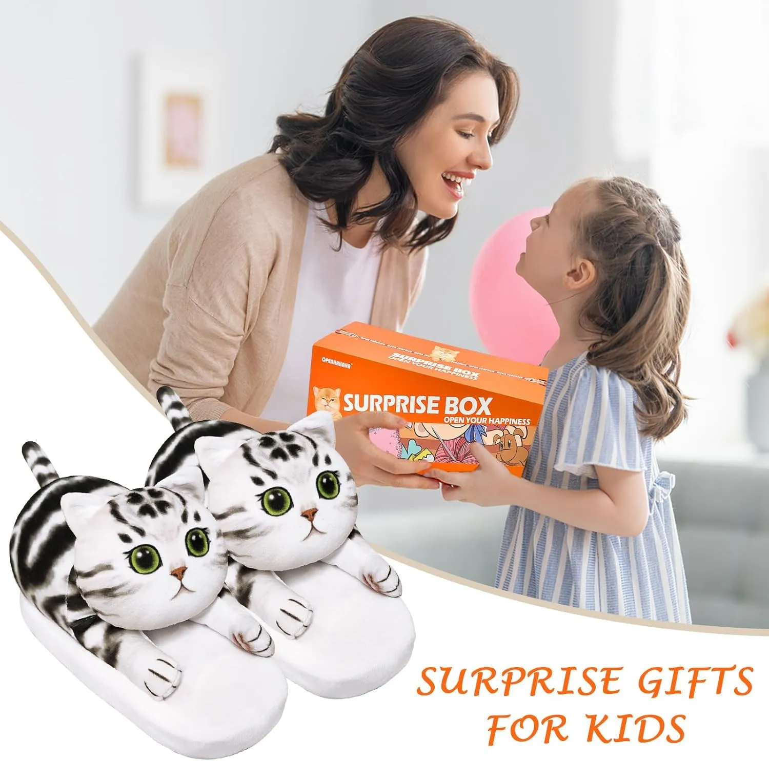 Animal Cute Slippers for Girls,Cat Slippers for Kids,Fuzzy Indoor House Slippers for Boys,Funny Birthday Cat Gifts for Cat Lovers