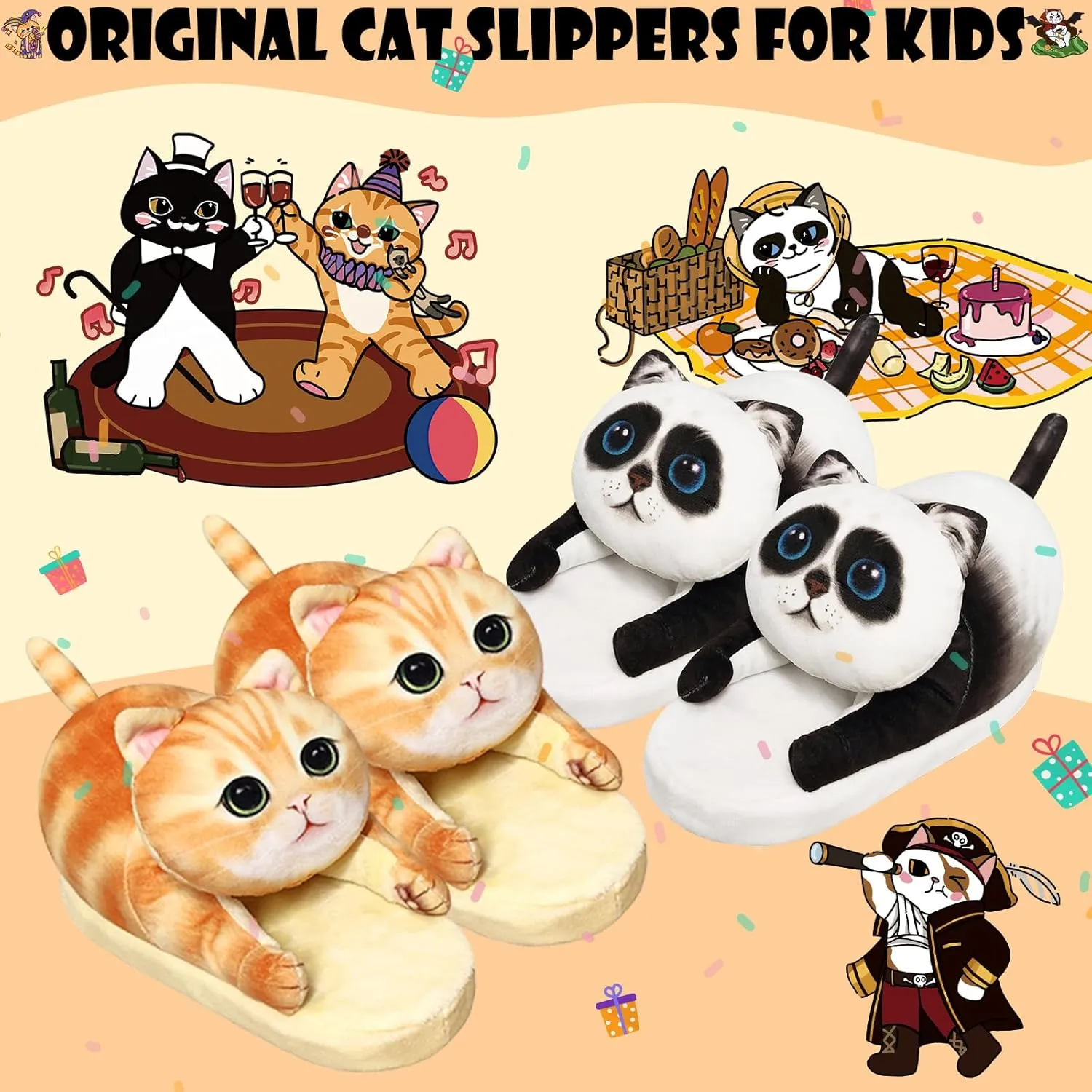 Animal Cute Slippers for Girls,Cat Slippers for Kids,Fuzzy Indoor House Slippers for Boys,Funny Birthday Cat Gifts for Cat Lovers