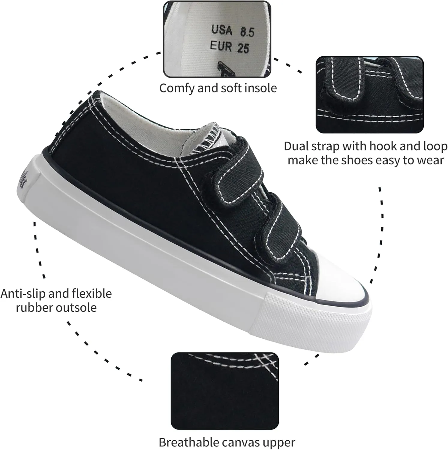 ANTLULU Boys and Girls Canvas Shoes Dual Adjustable Hook and Loop Classic Low Top Kids Sneakers