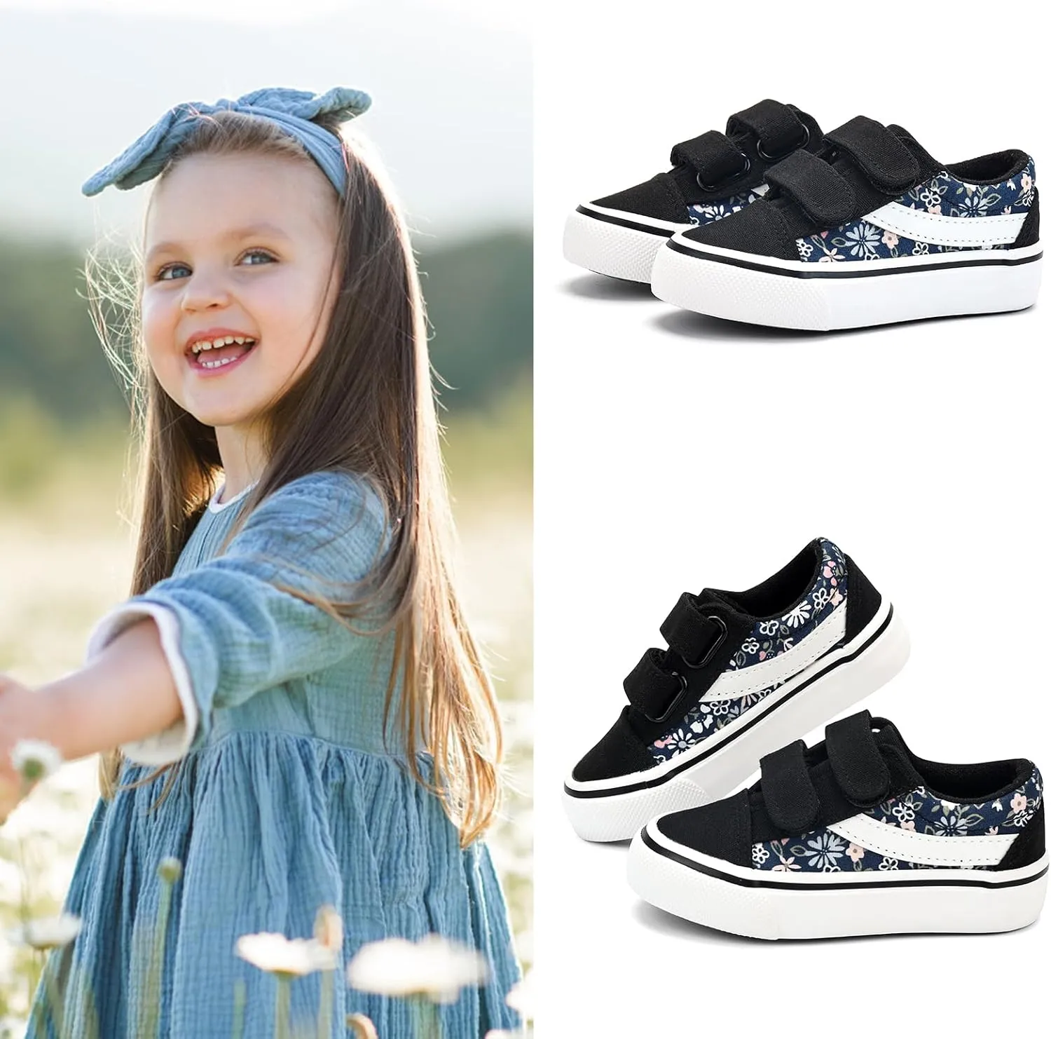 ANTLULU Boys and Girls Canvas Shoes Dual Adjustable Hook and Loop Classic Low Top Kids Sneakers