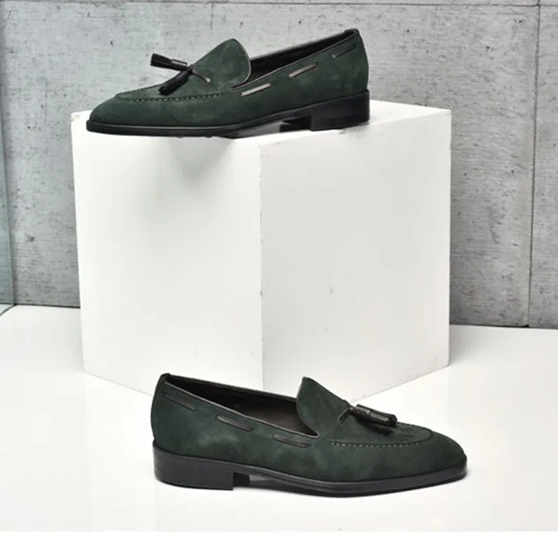 Apron Toe Handmade Premium Leather Tassel Loafer Slip Ons Men Green Color Shoes