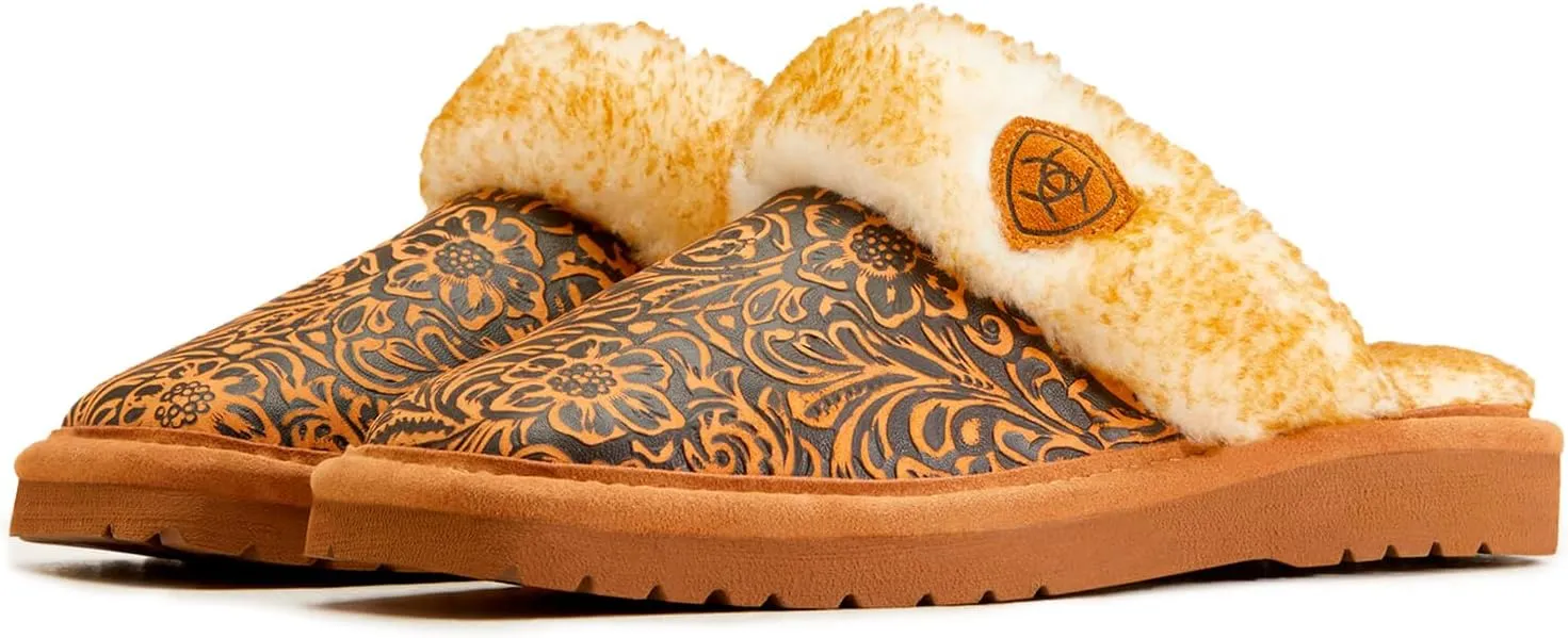 ARIAT Women's Jackie Square Toe Embossed Tooling Warm Soft Comfortable Genuine Full-grain Leather Slippers