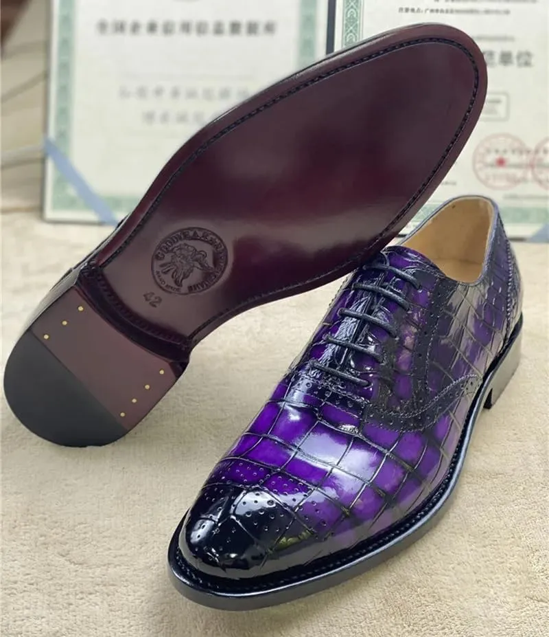 Authentic Crocodile Belly Skin Purple Color Men's Brogue Shoes Genuine Alligator Leather Handmade Male Lace-up Party Dress Shoes