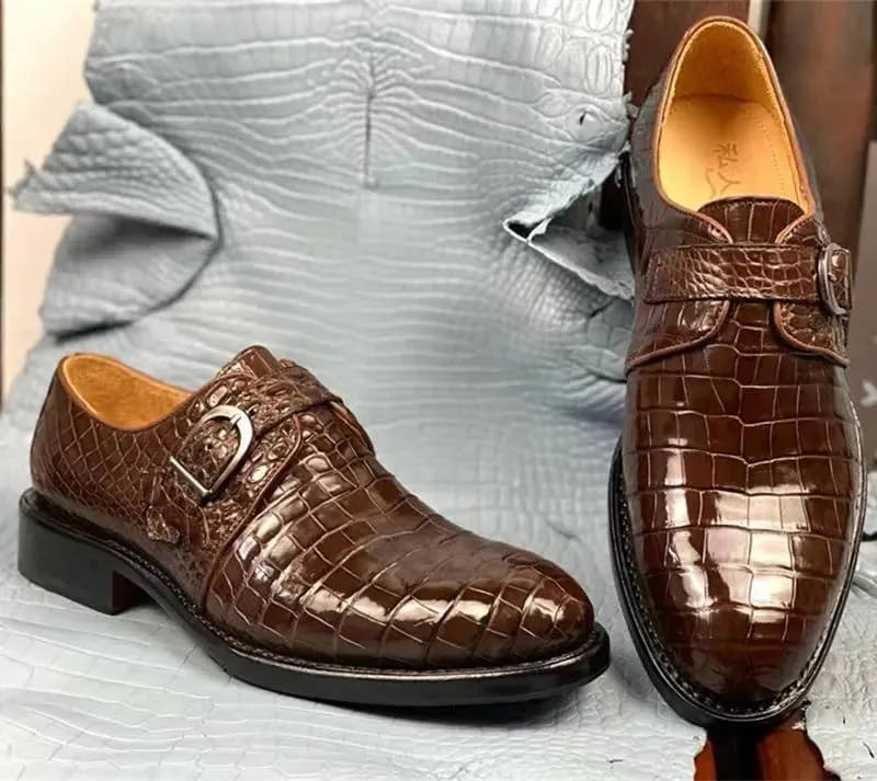 Authentic Real Crocodile Skin Businessmen Black Brown Dress Shoes Genuine Exotic Alligator Leather Male Monk Strap Dress Oxfords