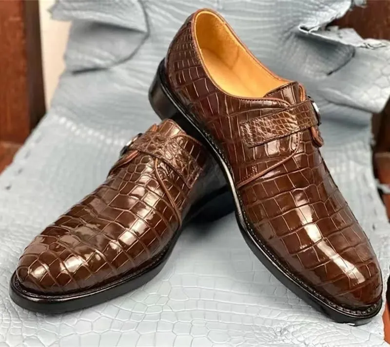 Authentic Real Crocodile Skin Businessmen Black Brown Dress Shoes Genuine Exotic Alligator Leather Male Monk Strap Dress Oxfords