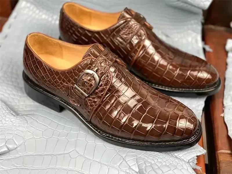 Authentic Real Crocodile Skin Businessmen Black Brown Dress Shoes Genuine Exotic Alligator Leather Male Monk Strap Dress Oxfords