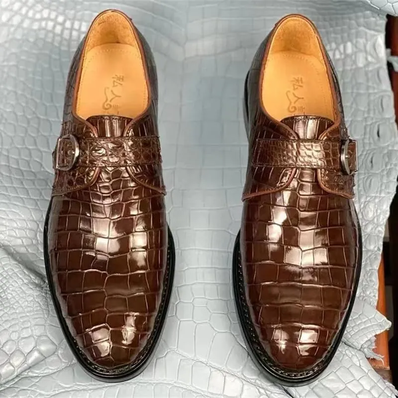 Authentic Real Crocodile Skin Businessmen Black Brown Dress Shoes Genuine Exotic Alligator Leather Male Monk Strap Dress Oxfords
