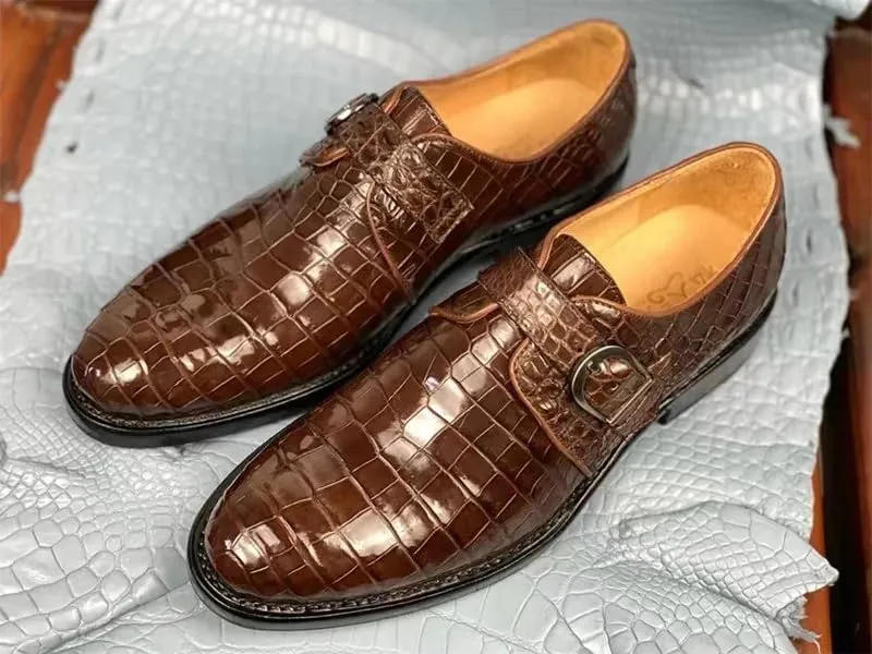 Authentic Real Crocodile Skin Businessmen Black Brown Dress Shoes Genuine Exotic Alligator Leather Male Monk Strap Dress Oxfords
