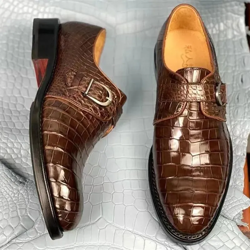 Authentic Real Crocodile Skin Businessmen Black Brown Dress Shoes Genuine Exotic Alligator Leather Male Monk Strap Dress Oxfords