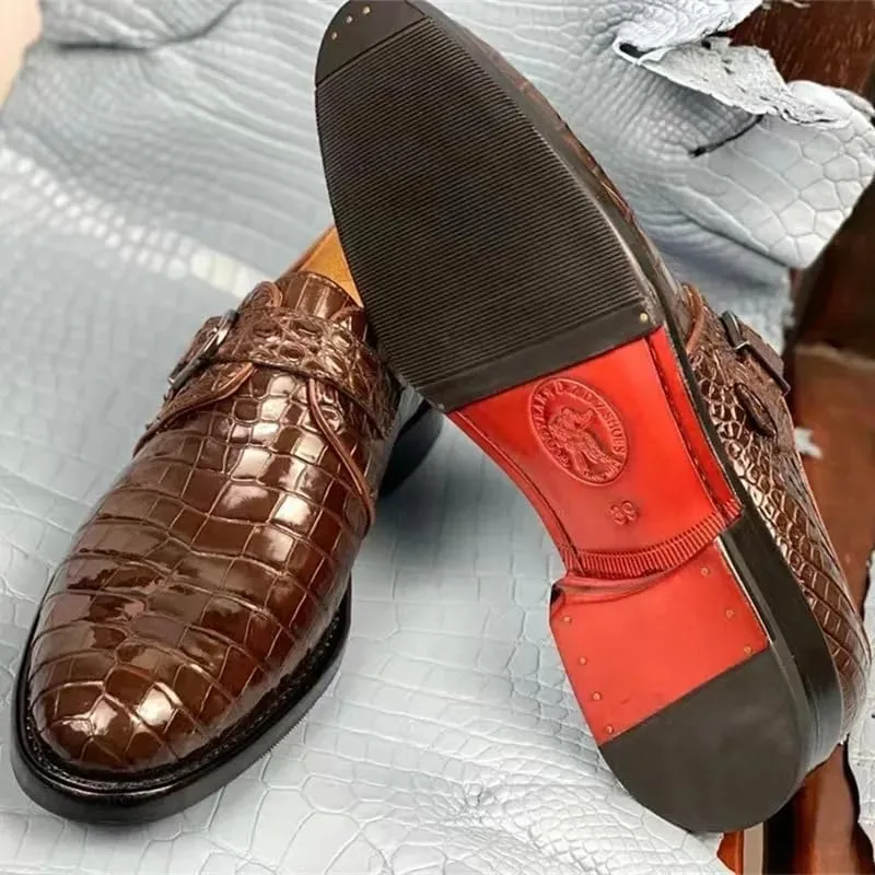 Authentic Real Crocodile Skin Businessmen Black Brown Dress Shoes Genuine Exotic Alligator Leather Male Monk Strap Dress Oxfords
