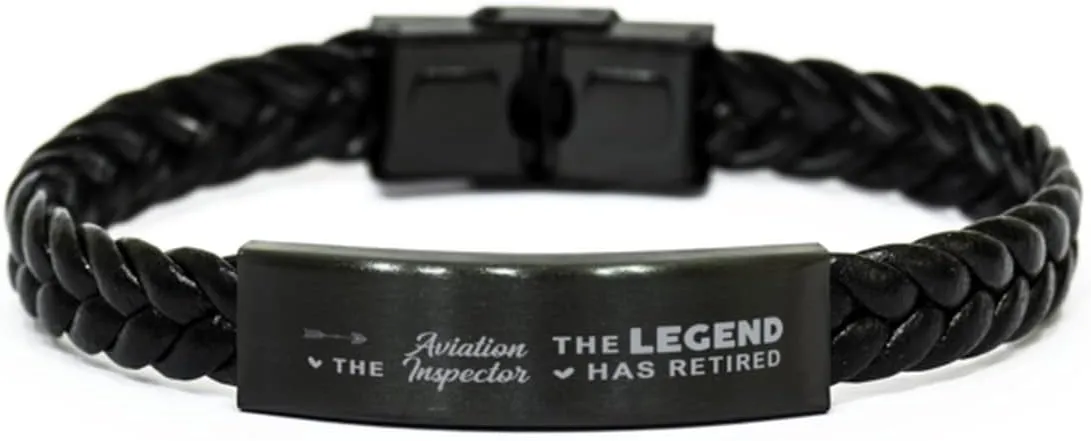 Aviation Inspector Braided Leather Bracelet, The Legend Has Retired, Laser Engraved, Stainless Steel Wristband