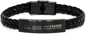 Aviation Inspector Braided Leather Bracelet, The Legend Has Retired, Laser Engraved, Stainless Steel Wristband