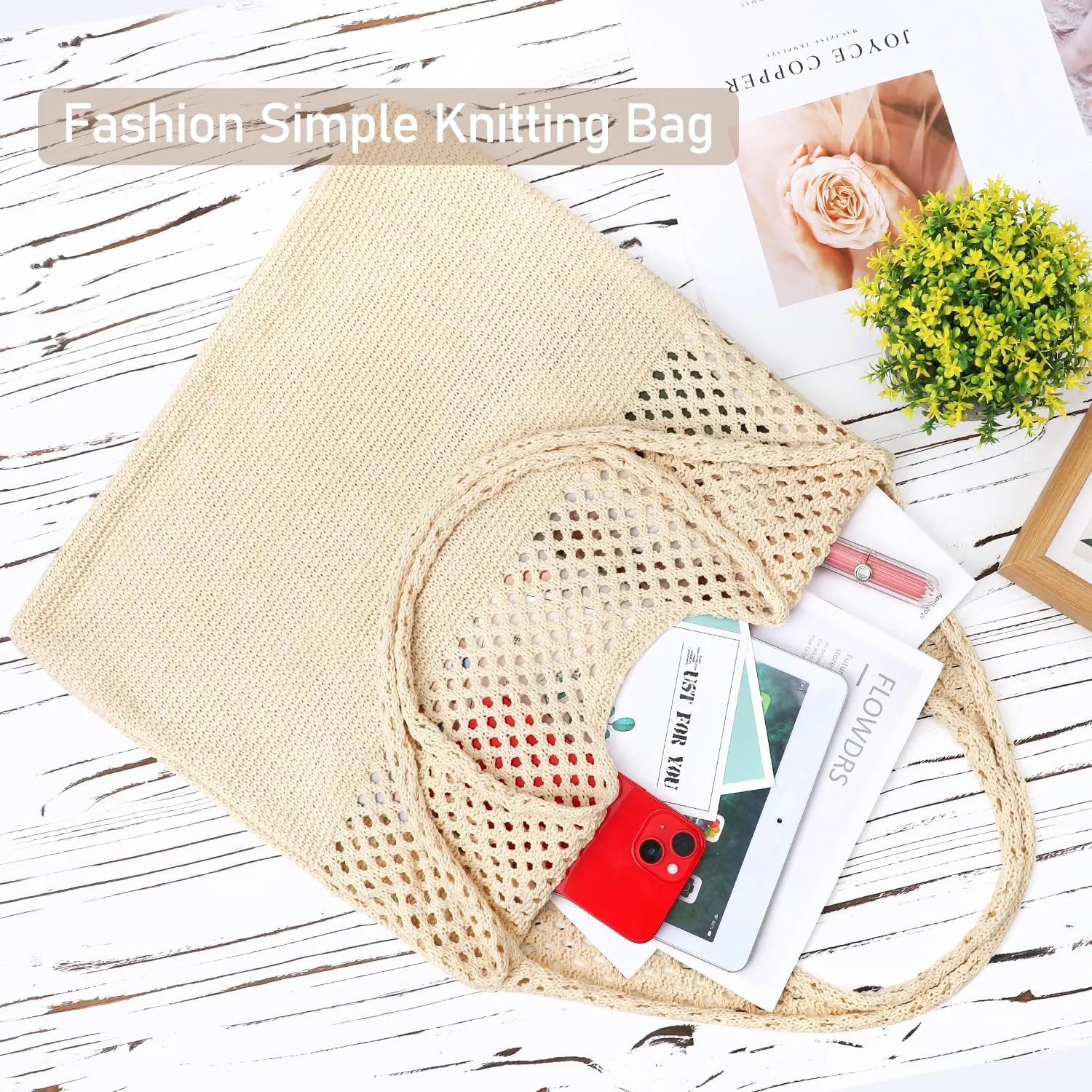 Ayieyill Crochet Tote Bag For Women, Crochet Mesh Beach Tote Bag Summer Vacation Aesthetic Boho Knit Bag for Women