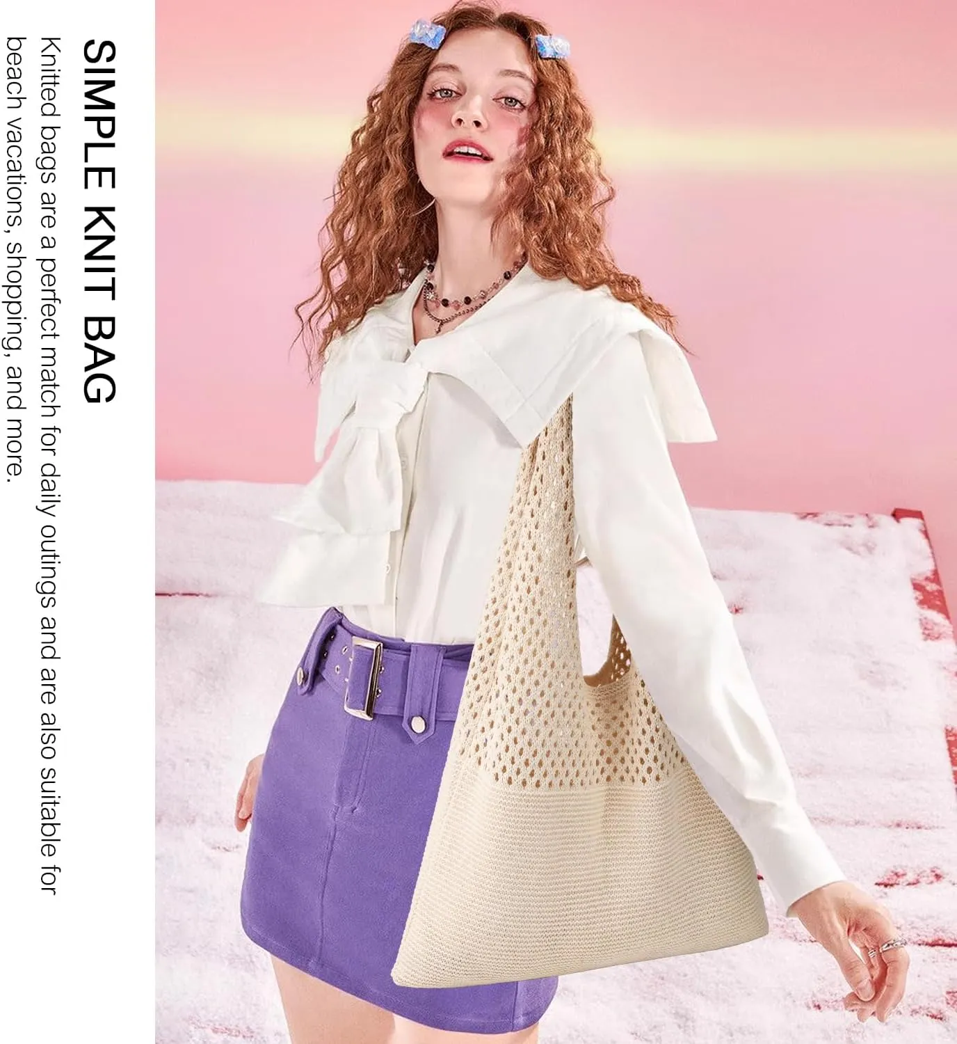 Ayieyill Crochet Tote Bag For Women, Crochet Mesh Beach Tote Bag Summer Vacation Aesthetic Boho Knit Bag for Women