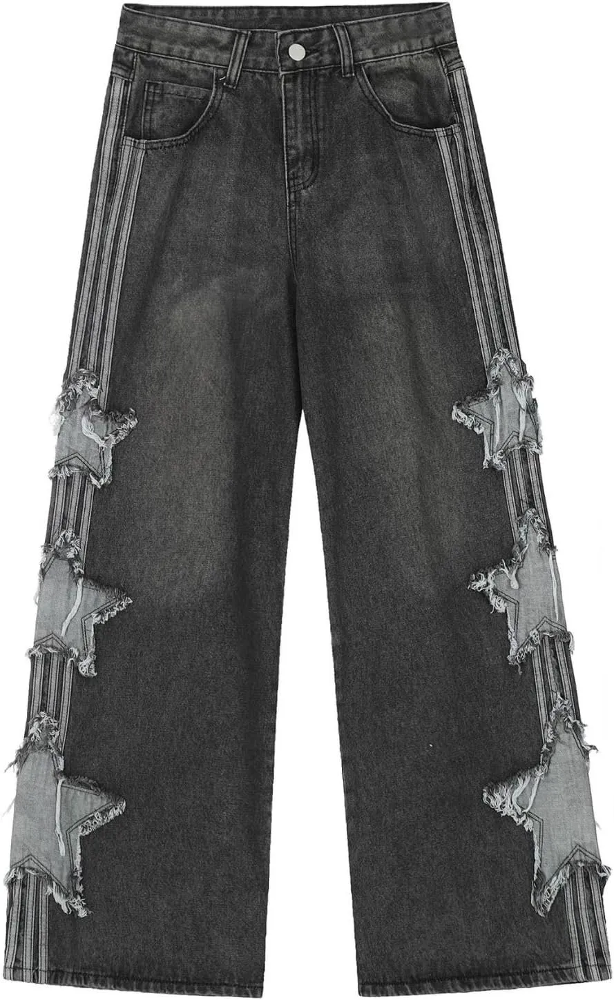 Baggy Jeans for Woman Girls Star Patchwork High Waist Cute Jeans Y2K Streetwear Loose Pants Grunge Emo Clothing