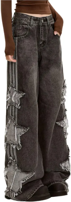Baggy Jeans for Woman Girls Star Patchwork High Waist Cute Jeans Y2K Streetwear Loose Pants Grunge Emo Clothing
