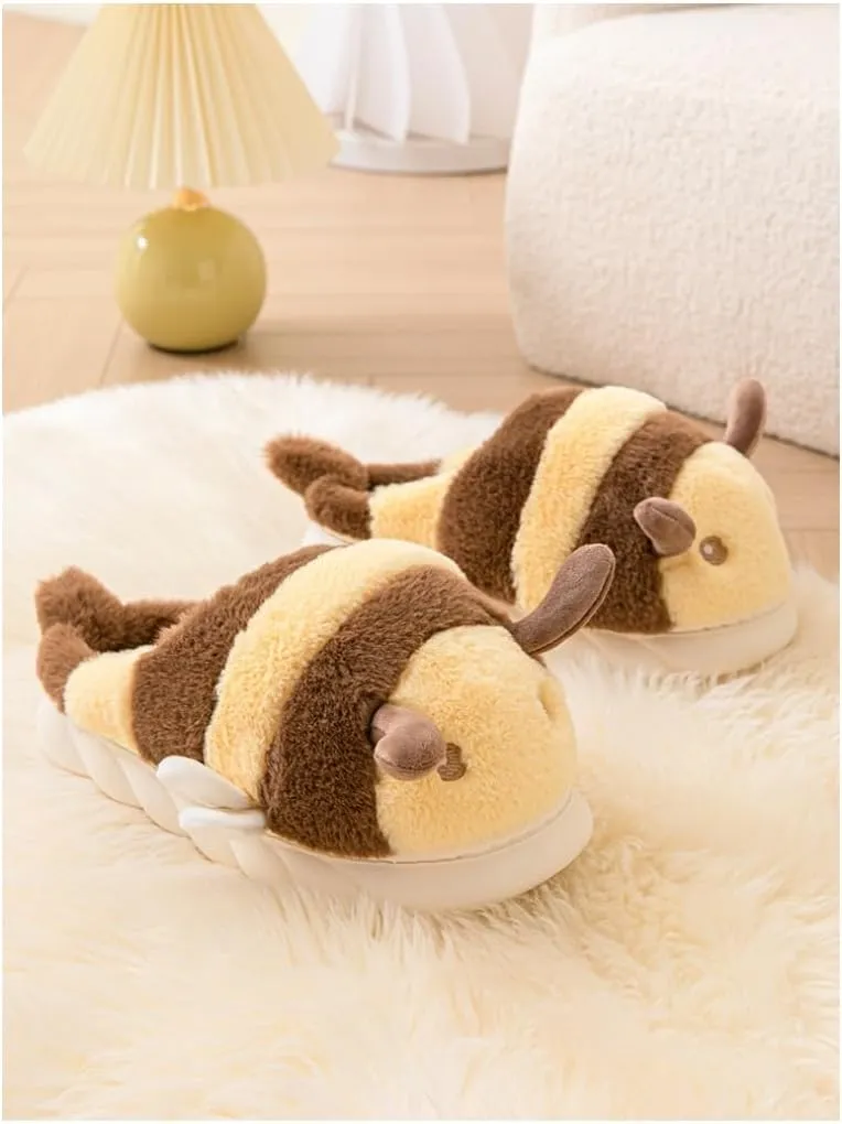 Baiyuruodie Cute Bee Slippers: Unisex Soft Plush Comfortable, Non-Slip, Warm Animal House Slippers for Men and Women