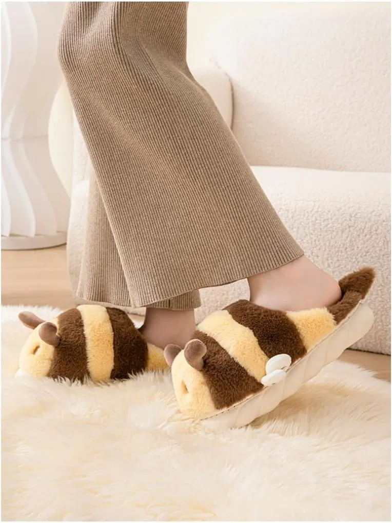 Baiyuruodie Cute Bee Slippers: Unisex Soft Plush Comfortable, Non-Slip, Warm Animal House Slippers for Men and Women