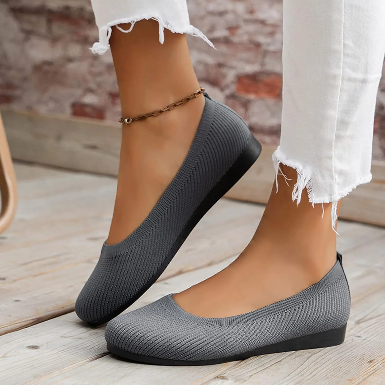 Ballet Flats for Women Knit Flats Shoes Comfortable Slip On Loafers Casual Work Shoes Round Toe Office Shoes