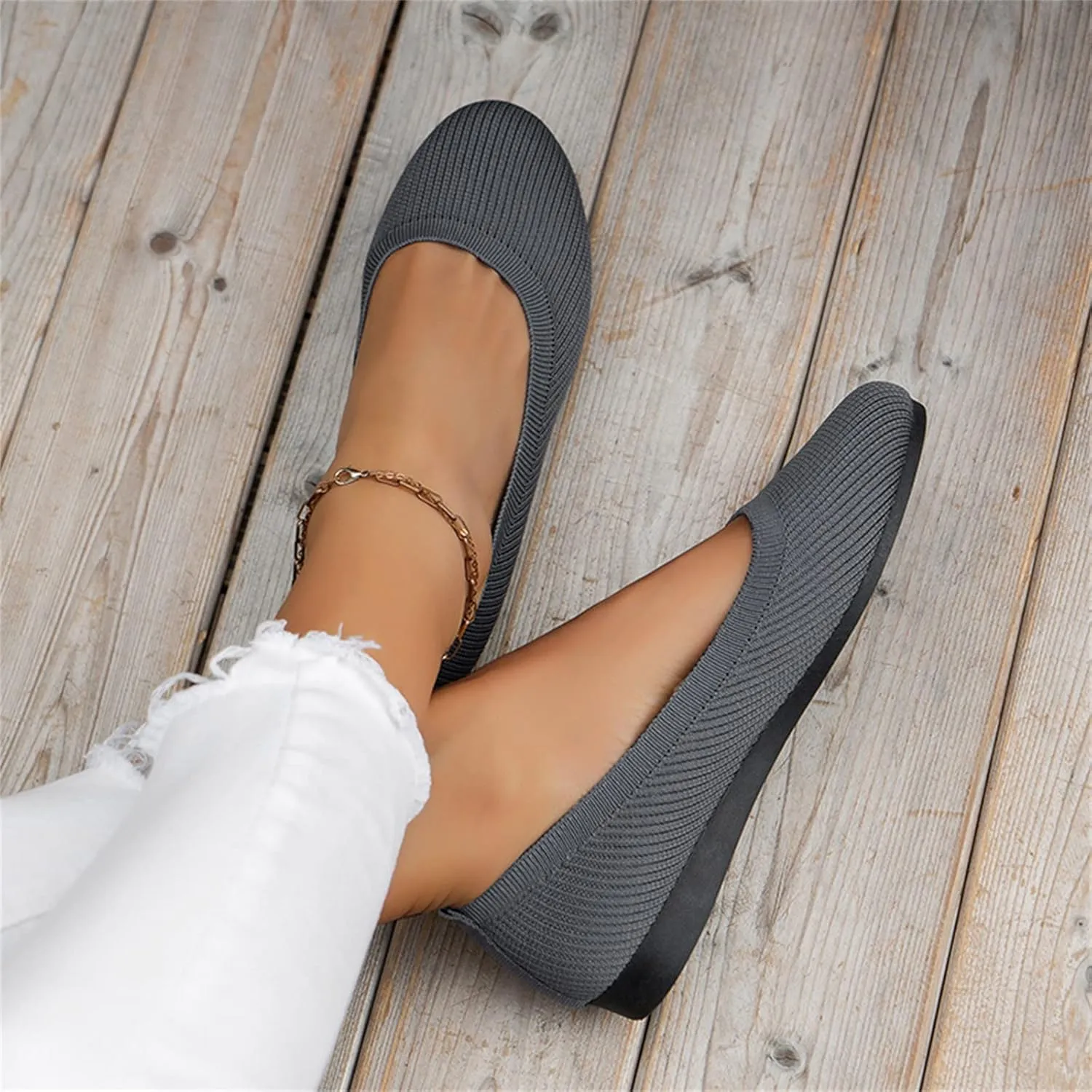 Ballet Flats for Women Knit Flats Shoes Comfortable Slip On Loafers Casual Work Shoes Round Toe Office Shoes