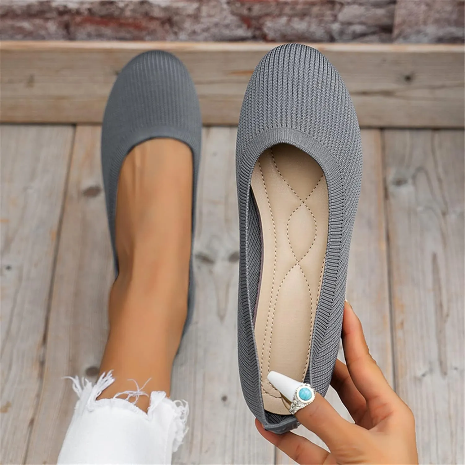 Ballet Flats for Women Knit Flats Shoes Comfortable Slip On Loafers Casual Work Shoes Round Toe Office Shoes