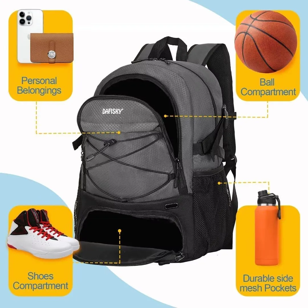 Basketball Backpack with Ball Compartment – Large Basketball Bag with Shoes Compartment Soccer Volleyball Bag Sports Backpack for Football, Grey