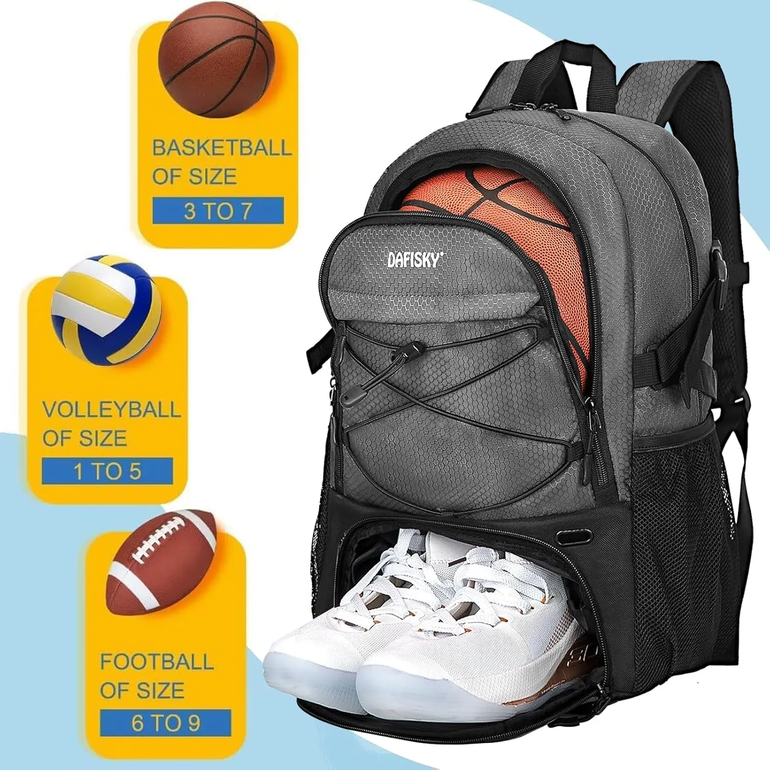 Basketball Backpack with Ball Compartment – Large Basketball Bag with Shoes Compartment Soccer Volleyball Bag Sports Backpack for Football, Grey