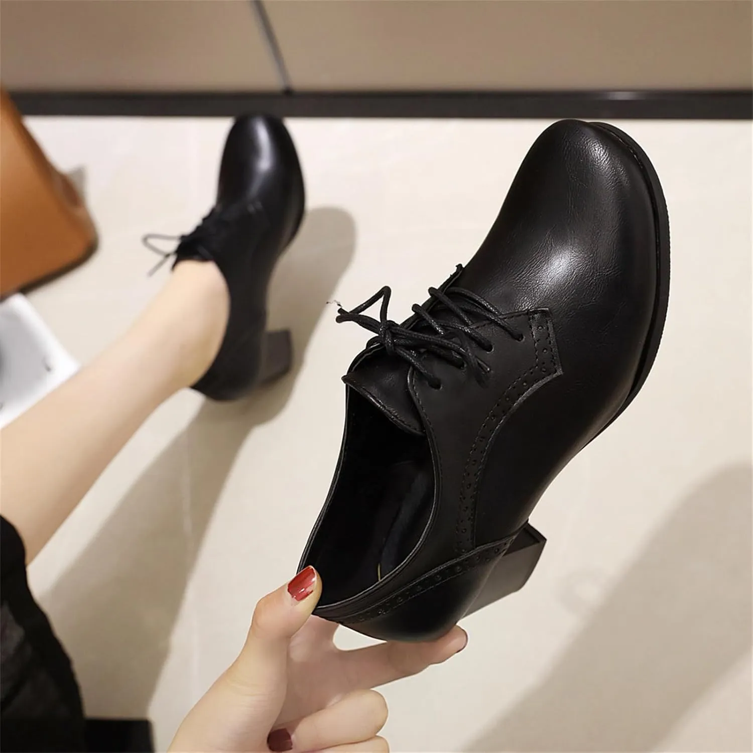 Betastella Women's Chunky Patent Leather Oxfords Platform High Heels Lace Up Pumps