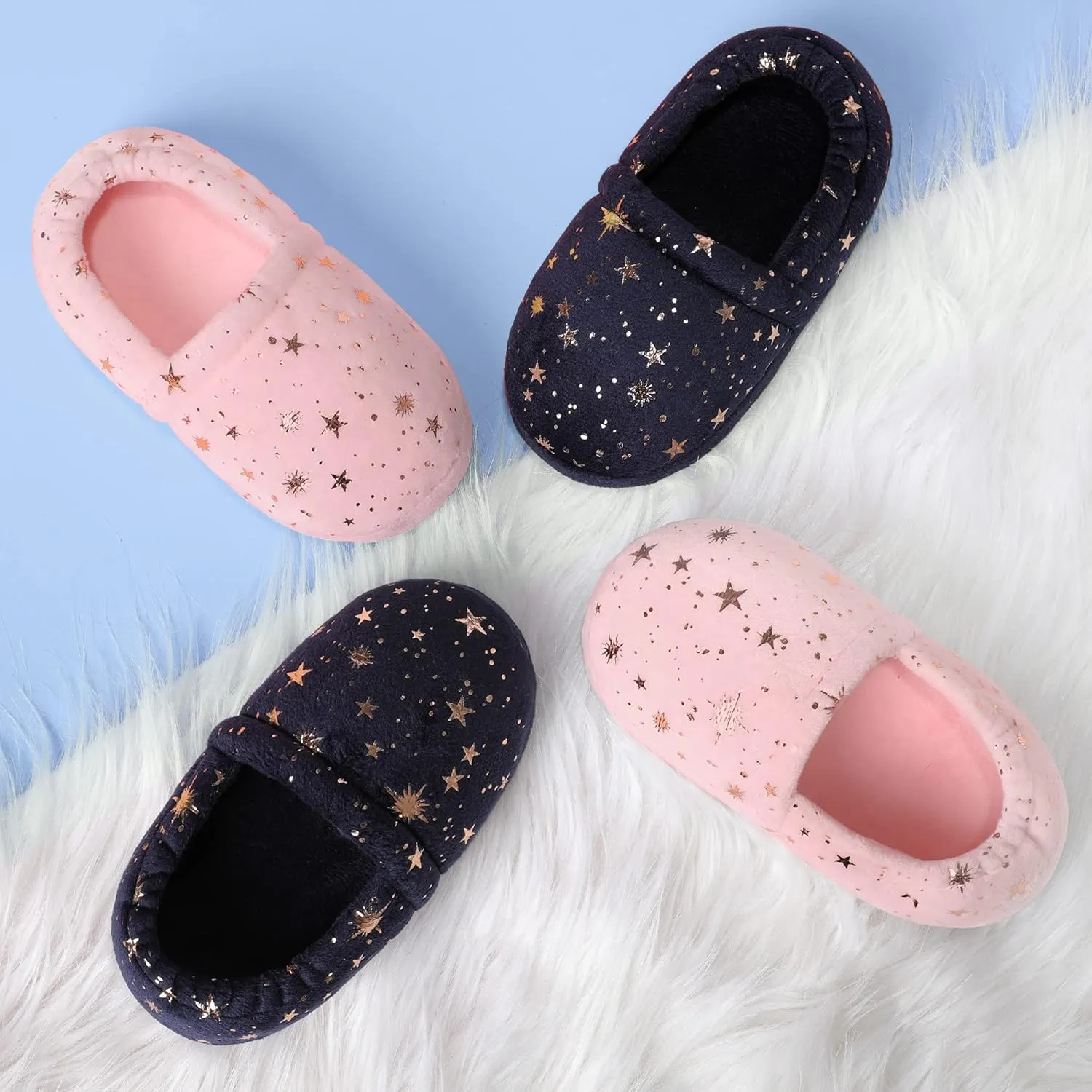 Bigwow Girls Boys Slippers Glitter Star Fuzzy House Slipper with Memory Foam Non-Slip Cozy Warm Indoor Outdoor Shoes for Toddler Little Big Kids