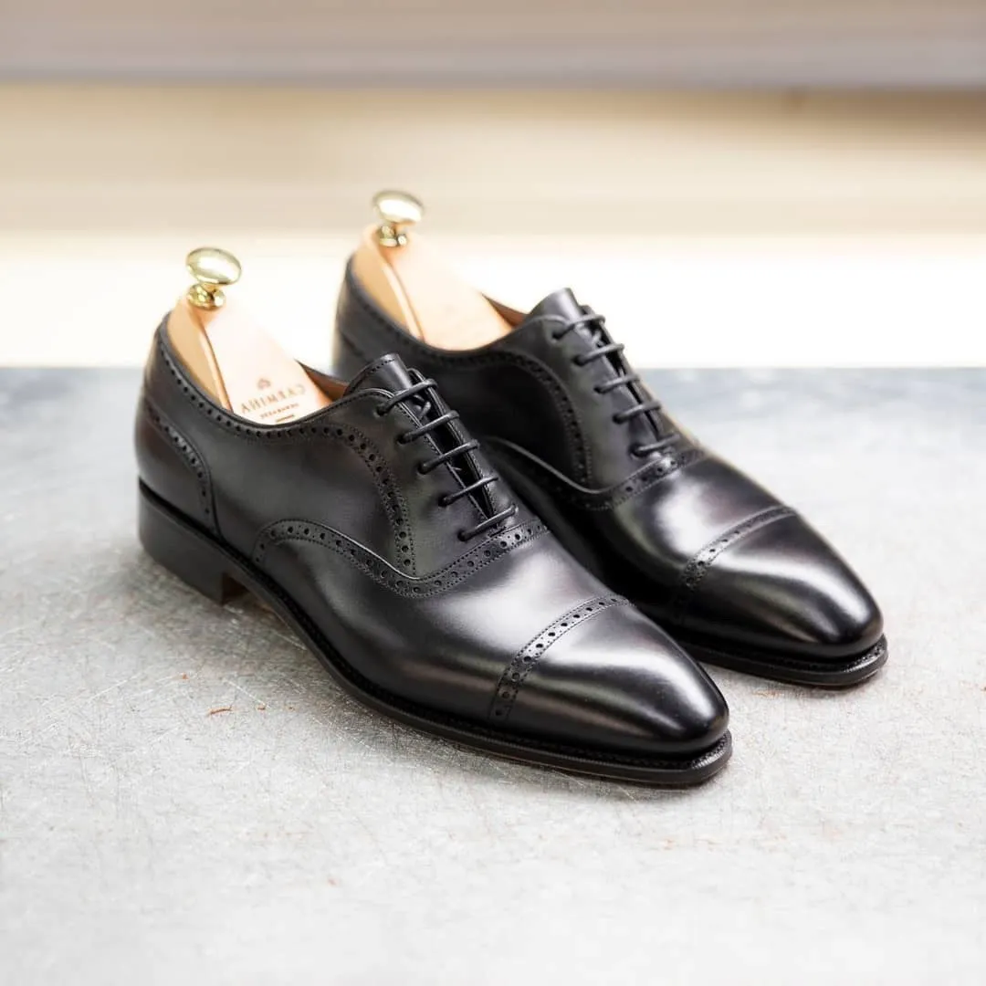 Black Handmade Leather Toe cap Lace up Dress Leather Shoes Men Oxfords