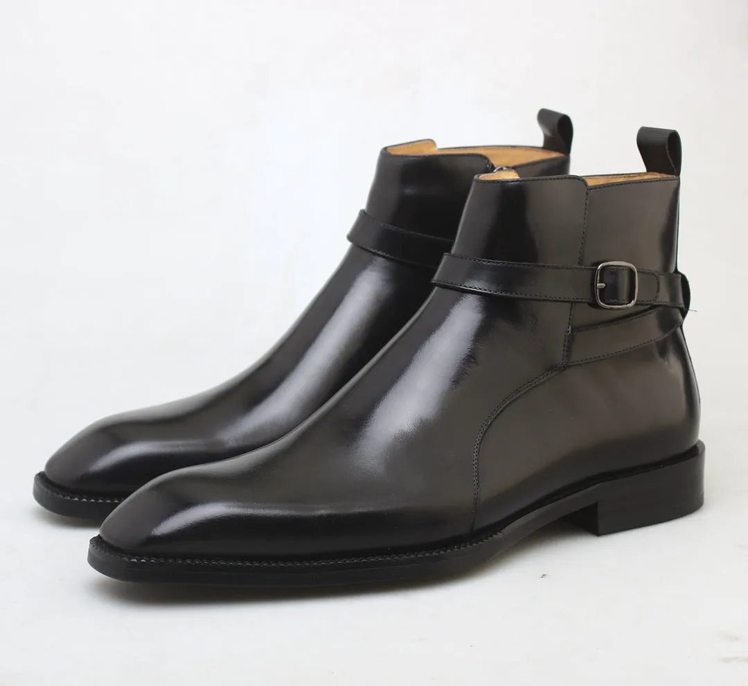 Black Leather Jodhpur Boots  Zipper Closure, Patina Finish, Casual Chelsea Boot Style for men