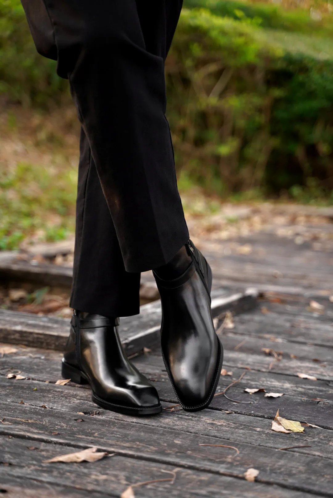 Black Leather Jodhpur Boots  Zipper Closure, Patina Finish, Casual Chelsea Boot Style for men