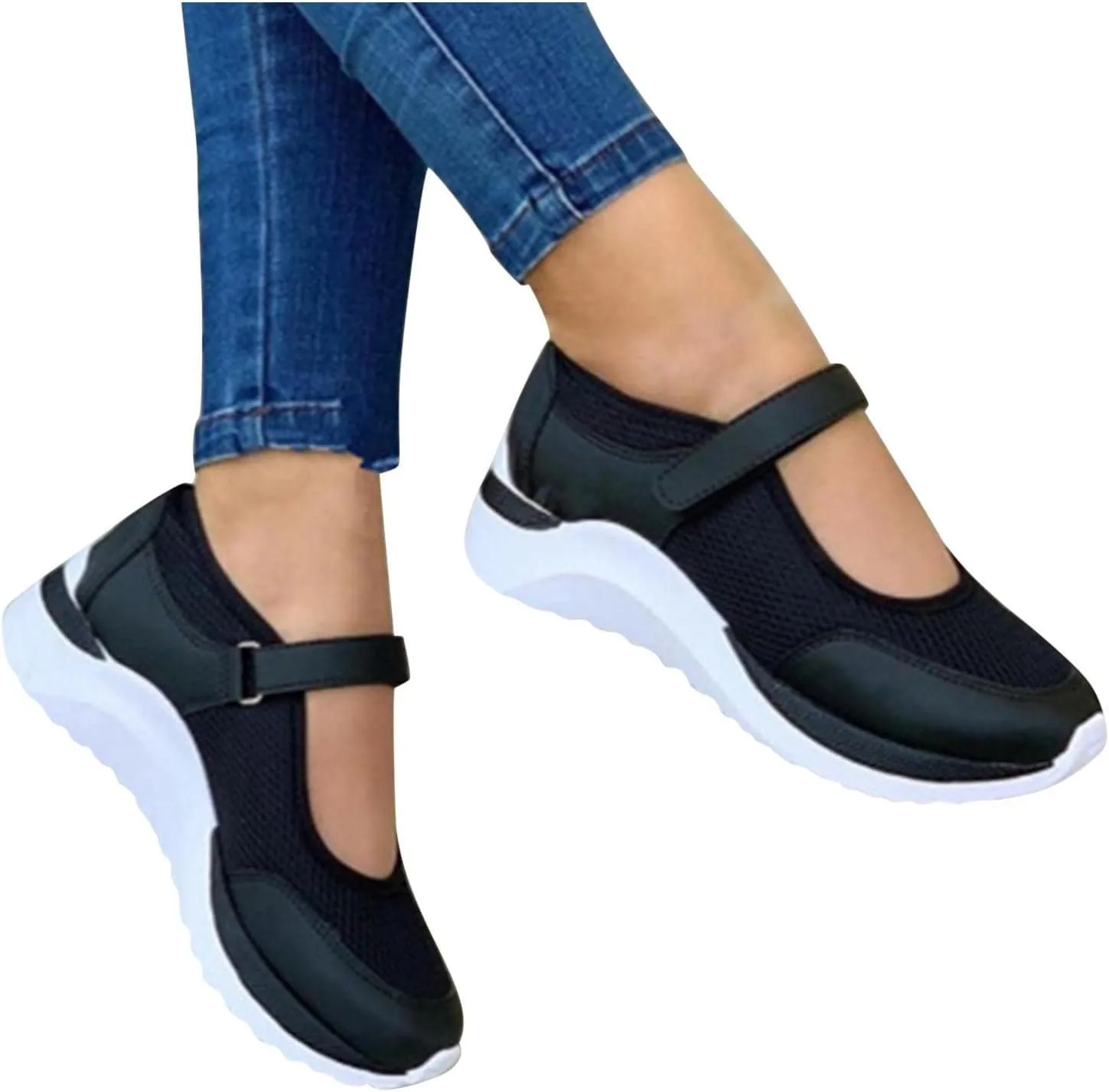 Black Walking Shoes for Women Casual Non Slip Orthopedic Shoe Adjustable Strap Hikng Sports Sneakers Footwear