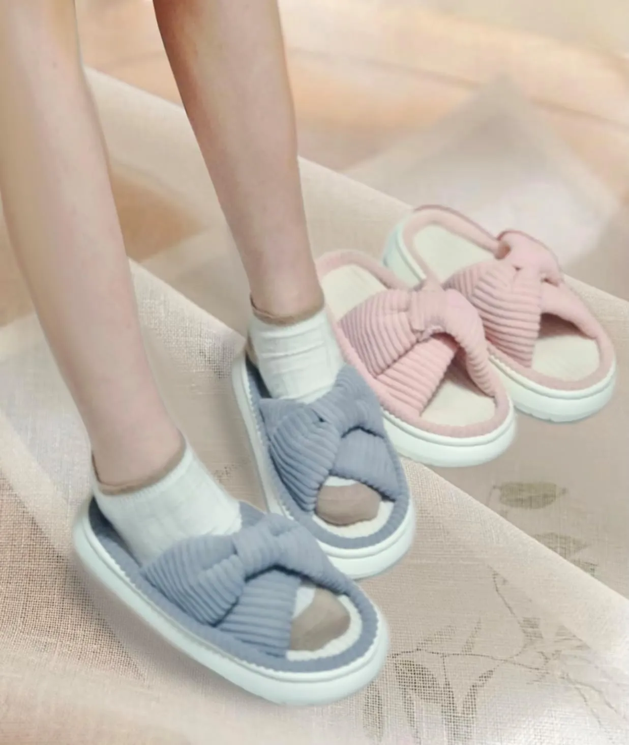 Bow Cross Bands Slippers for Women, Womens Open Toe Slippers, Memory Foam House Slippers for Women, Summer Slippers for Bedroom Indoor Outdoor