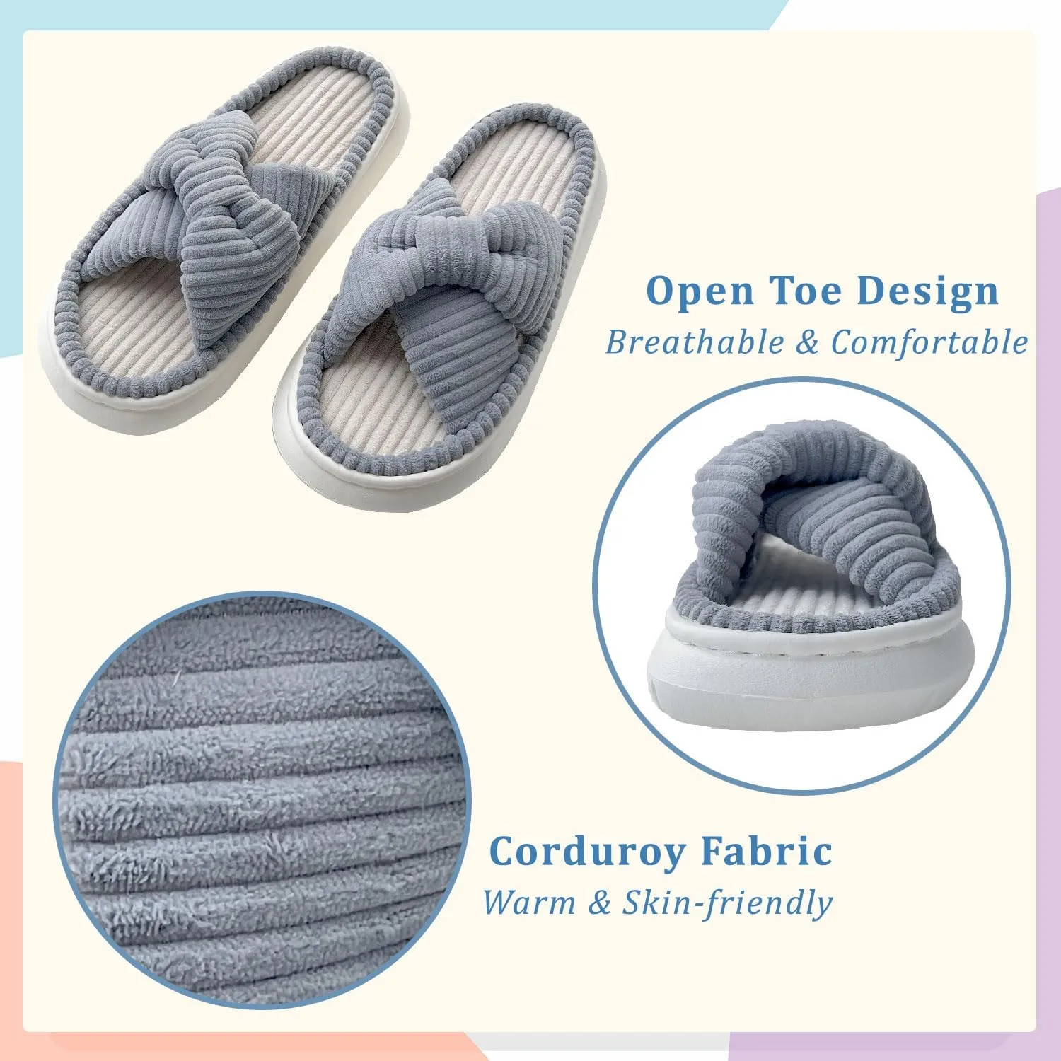 Bow Cross Bands Slippers for Women, Womens Open Toe Slippers, Memory Foam House Slippers for Women, Summer Slippers for Bedroom Indoor Outdoor