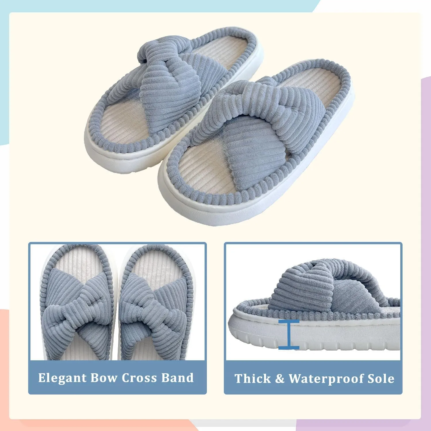Bow Cross Bands Slippers for Women, Womens Open Toe Slippers, Memory Foam House Slippers for Women, Summer Slippers for Bedroom Indoor Outdoor