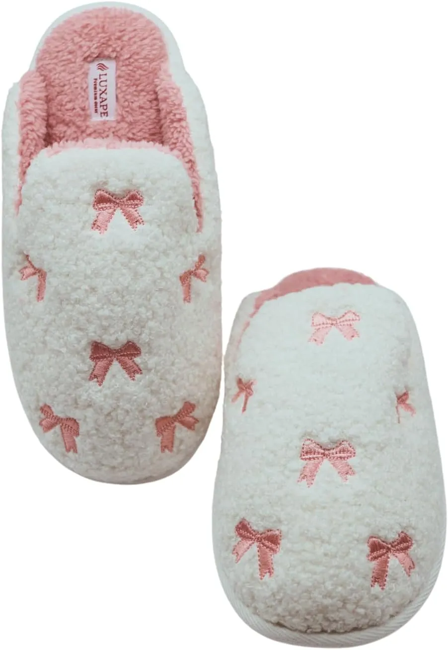 Bow Slippers Coquette Pink Slippers Memory Foam Cute Plush Fluffy Warm Fur slippers Indoor House Home Winter