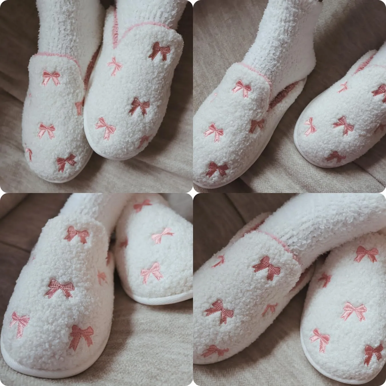 Bow Slippers Coquette Pink Slippers Memory Foam Cute Plush Fluffy Warm Fur slippers Indoor House Home Winter