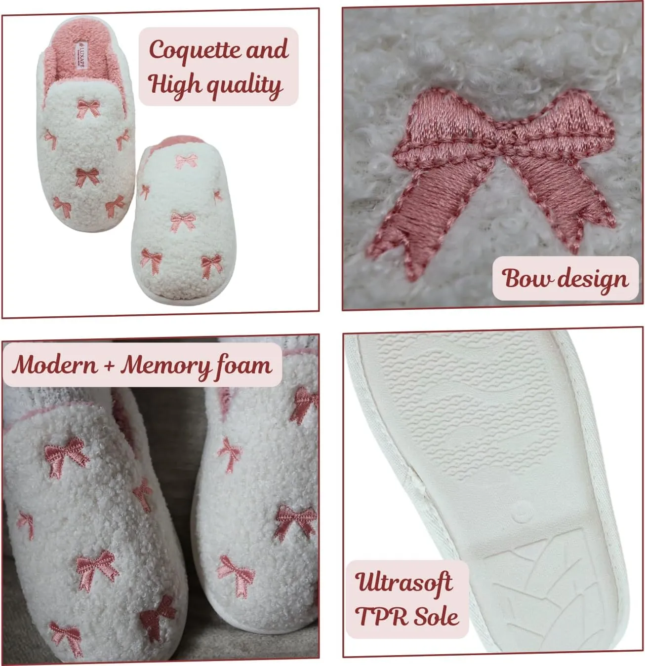 Bow Slippers Coquette Pink Slippers Memory Foam Cute Plush Fluffy Warm Fur slippers Indoor House Home Winter