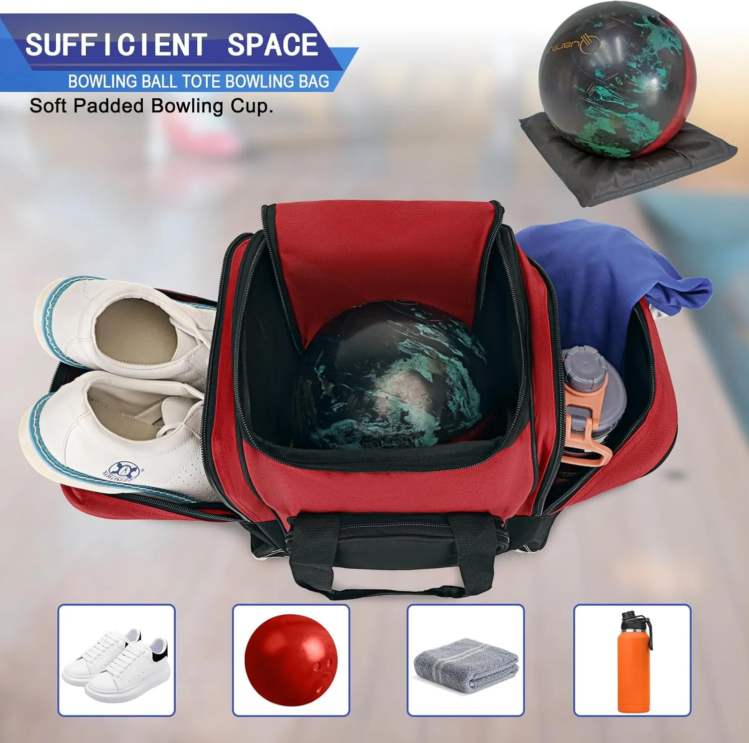 Bowling Ball Bag for Single Ball, 2022 Bowling Ball Tote Bowling bag with Padded Holder - Fits Shoes up to Mens Size 14 and Bowling Accessories