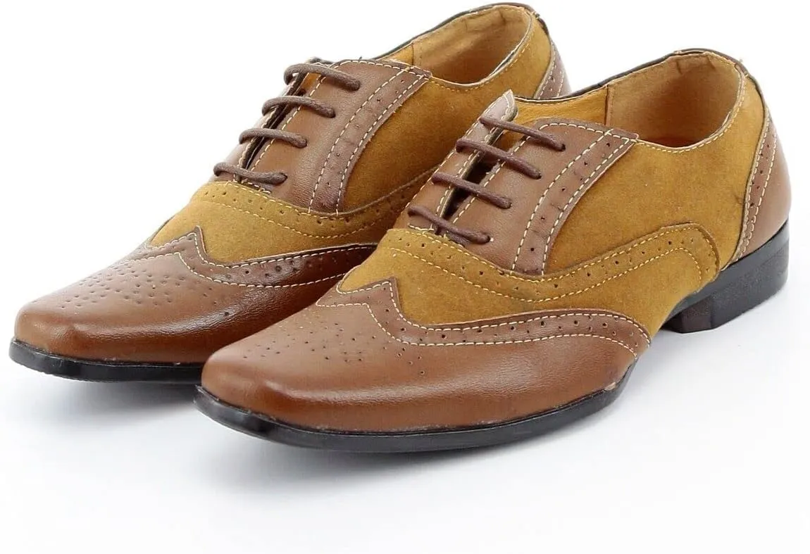 Boys Suede Faux Leather Mix Brogue Dress Lace Up Shoes Formal Prom Classic Footwear