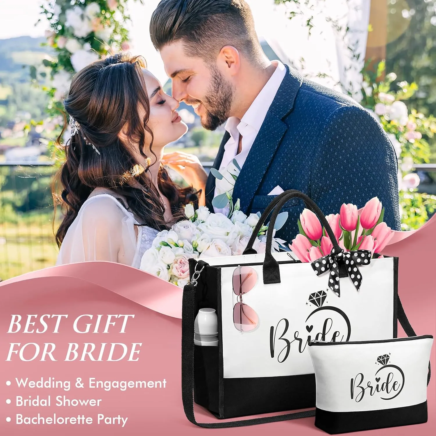 Bridal Shower Gifts - Wedding Engagement Bachelorette Party Congratulation Honeymoon Set With Canvas Beach Tote Bag & Makeup Bag for Bride to Be