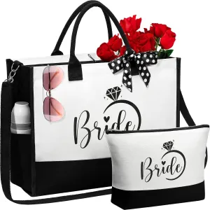 Bridal Shower Gifts - Wedding Engagement Bachelorette Party Congratulation Honeymoon Set With Canvas Beach Tote Bag & Makeup Bag for Bride to Be