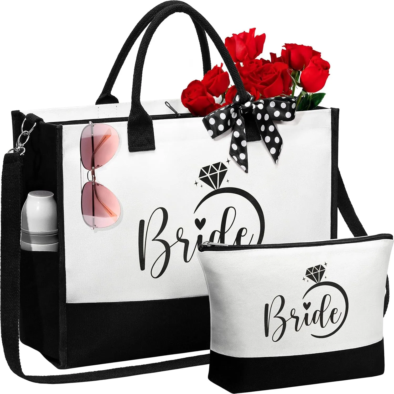 Bridal Shower Gifts - Wedding Engagement Bachelorette Party Congratulation Honeymoon Set With Canvas Beach Tote Bag & Makeup Bag for Bride to Be