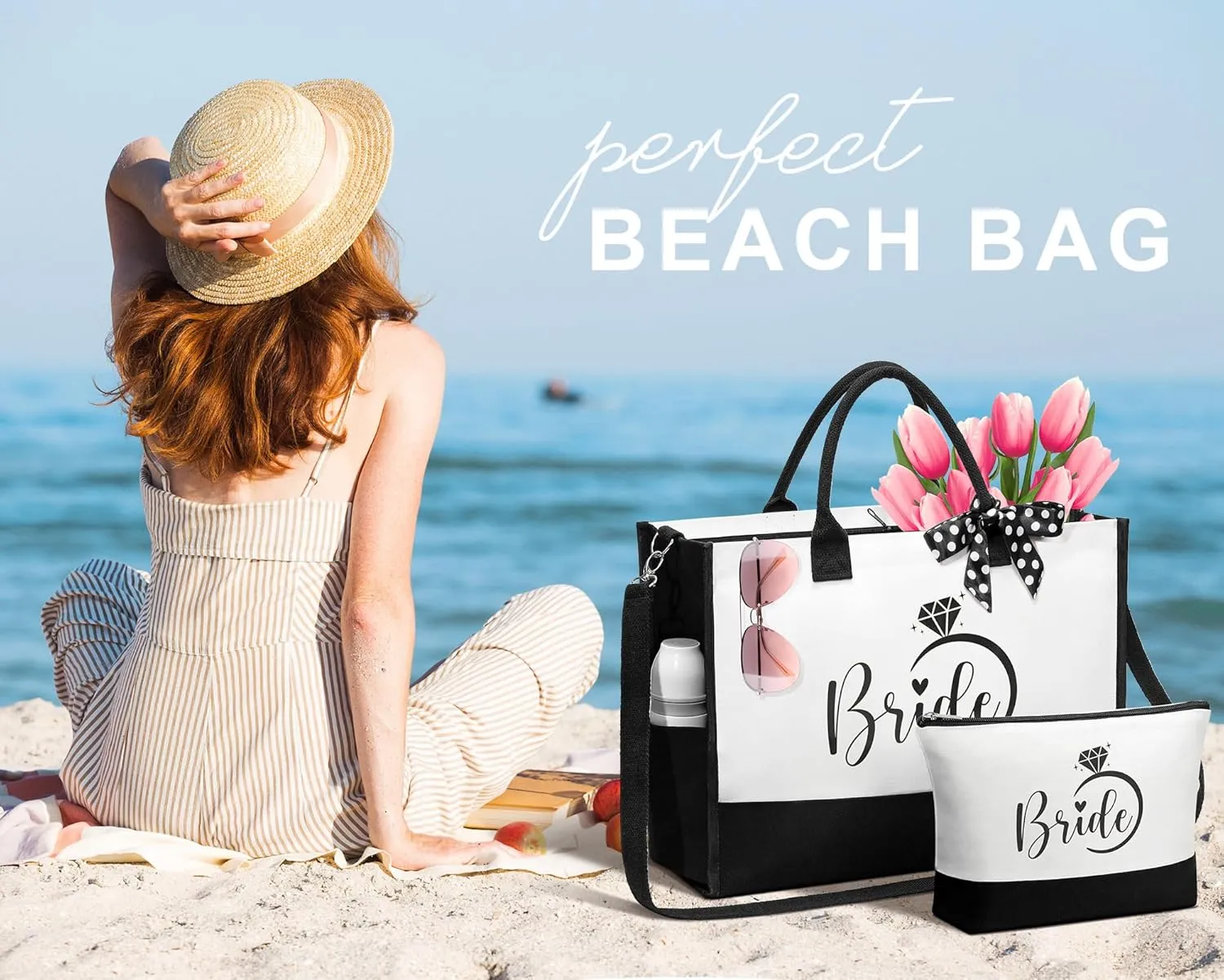 Bridal Shower Gifts - Wedding Engagement Bachelorette Party Congratulation Honeymoon Set With Canvas Beach Tote Bag & Makeup Bag for Bride to Be