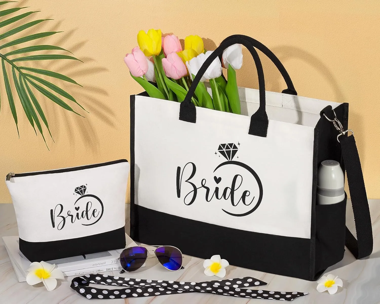 Bridal Shower Gifts - Wedding Engagement Bachelorette Party Congratulation Honeymoon Set With Canvas Beach Tote Bag & Makeup Bag for Bride to Be