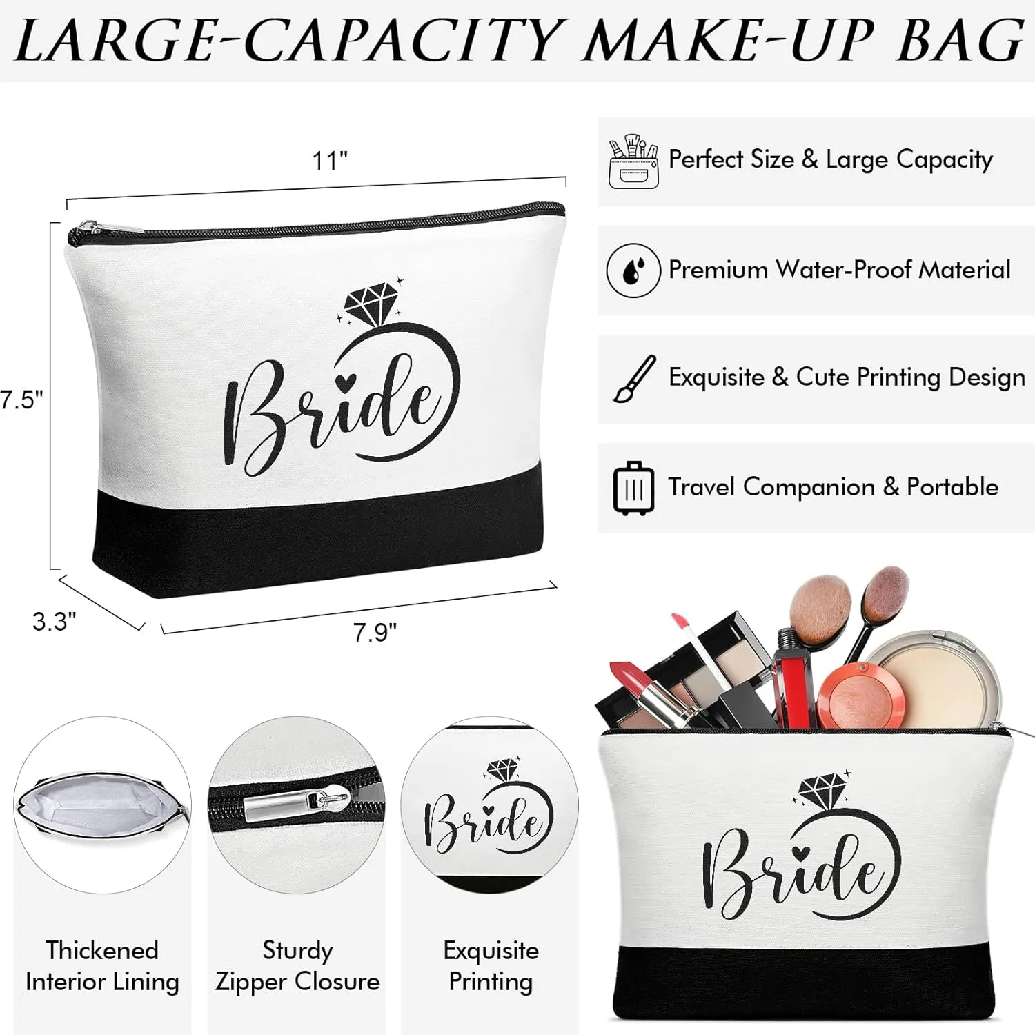 Bridal Shower Gifts - Wedding Engagement Bachelorette Party Congratulation Honeymoon Set With Canvas Beach Tote Bag & Makeup Bag for Bride to Be