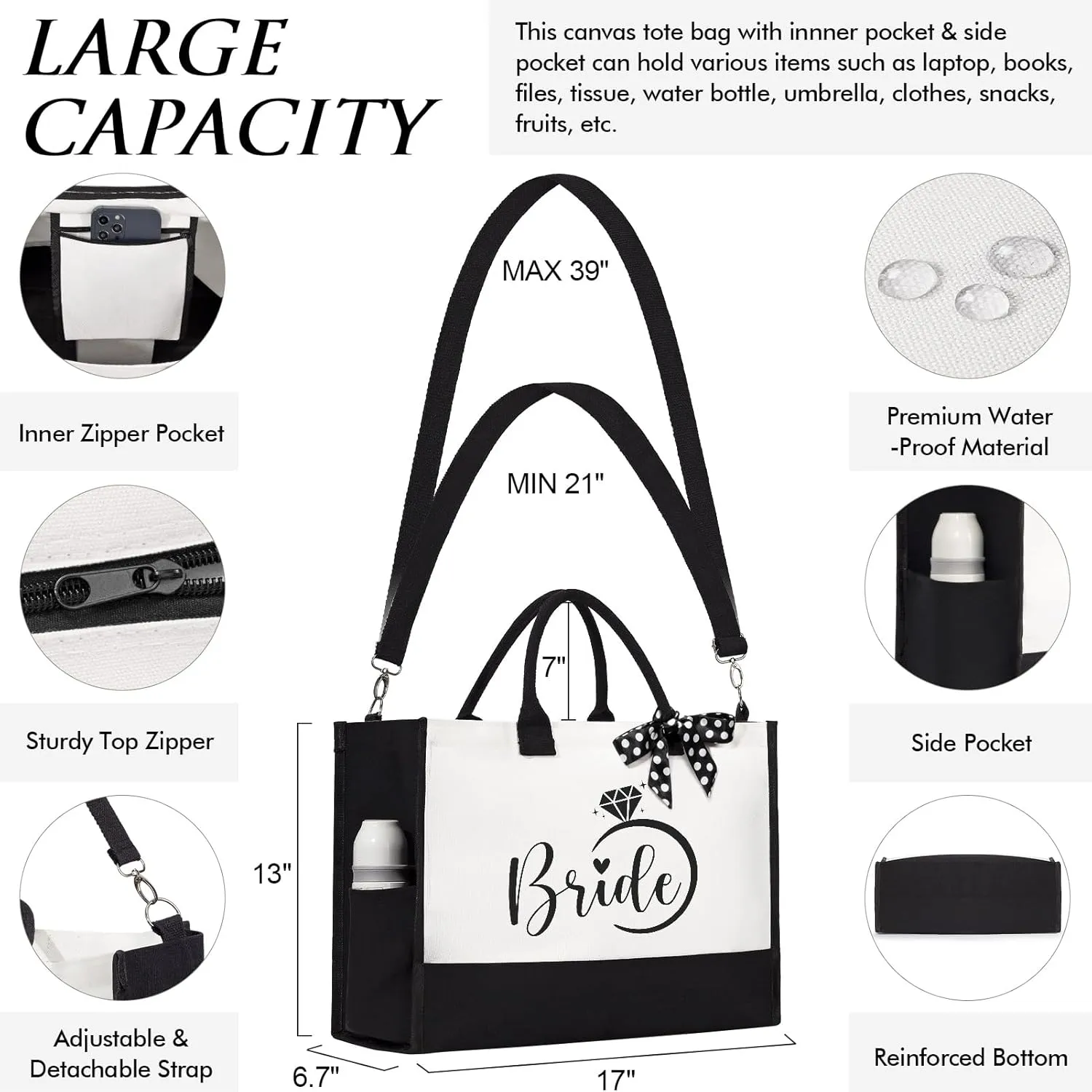 Bridal Shower Gifts - Wedding Engagement Bachelorette Party Congratulation Honeymoon Set With Canvas Beach Tote Bag & Makeup Bag for Bride to Be